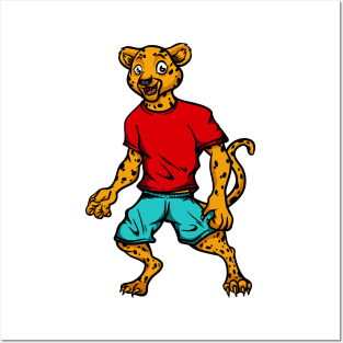 Cute Anthropomorphic Human-like Cartoon Character Leopard in Clothes Posters and Art